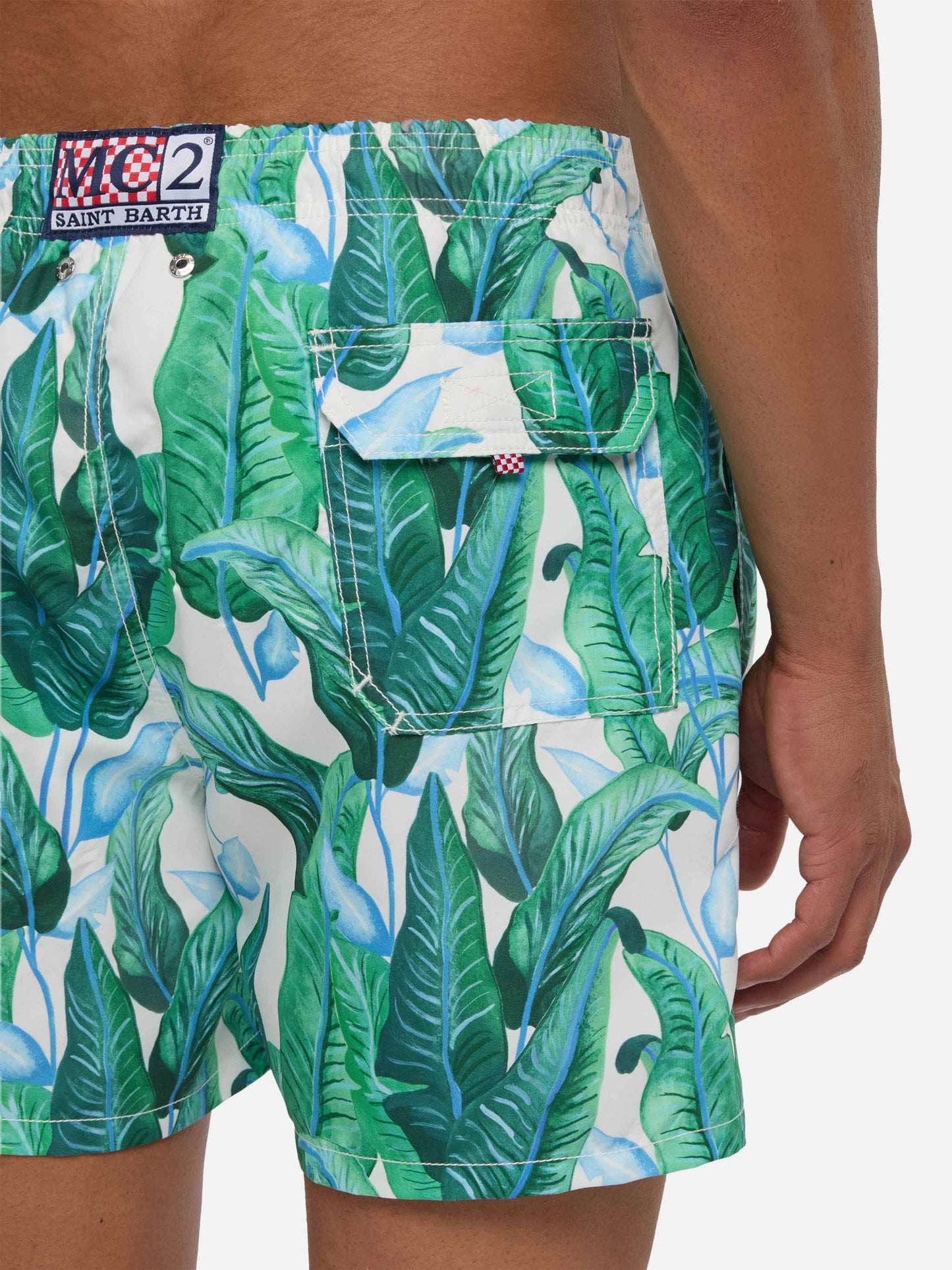 Costume da bagno di media lunghezza con stampa foglie tropicali