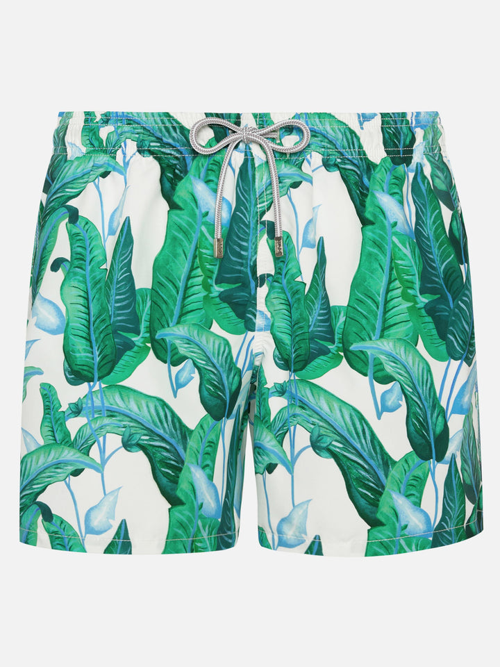 Costume da bagno di media lunghezza con stampa foglie tropicali