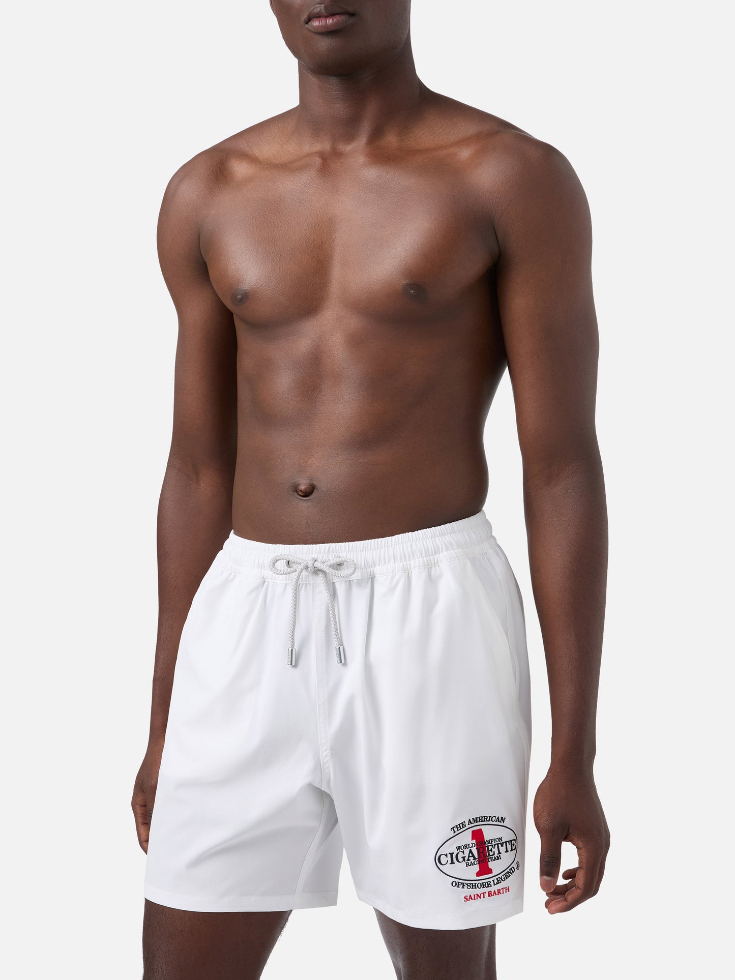 Short de bain blanc Gustavia avec broderie Cigarette | Édition spéciale 