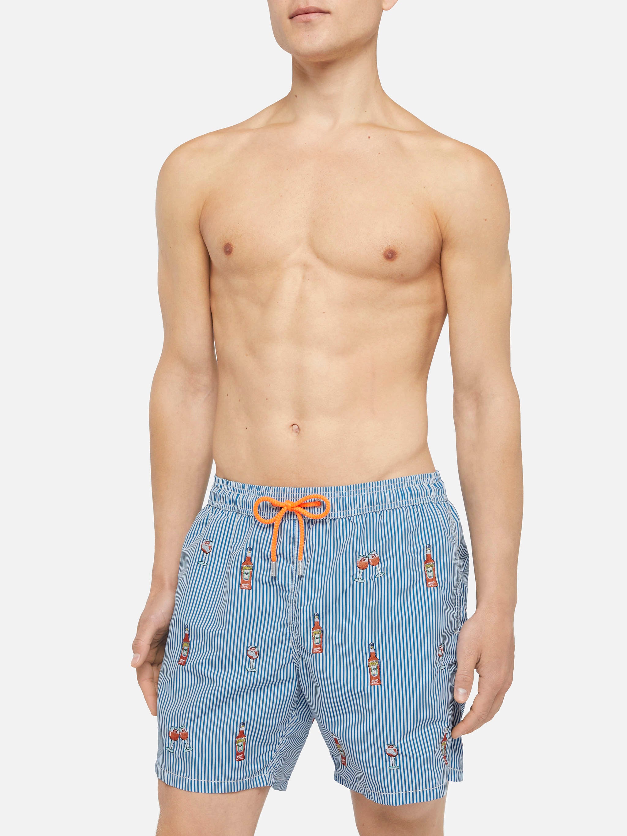 Mid-length striped Gustavia swim-shorts with Aperol Spritz