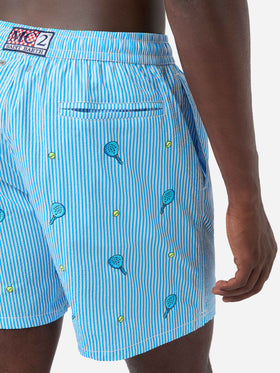 Gustavia seersucker striped swim shorts with embroidery