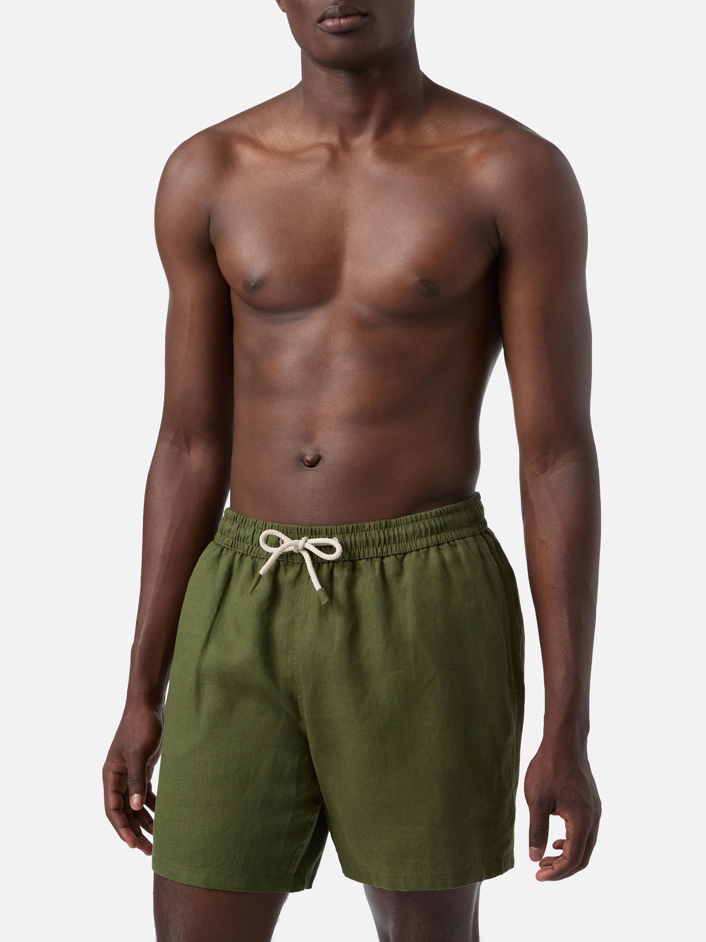 Gustavia military green plain-color linen swim shorts