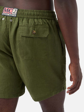 Gustavia military green plain-color linen swim shorts