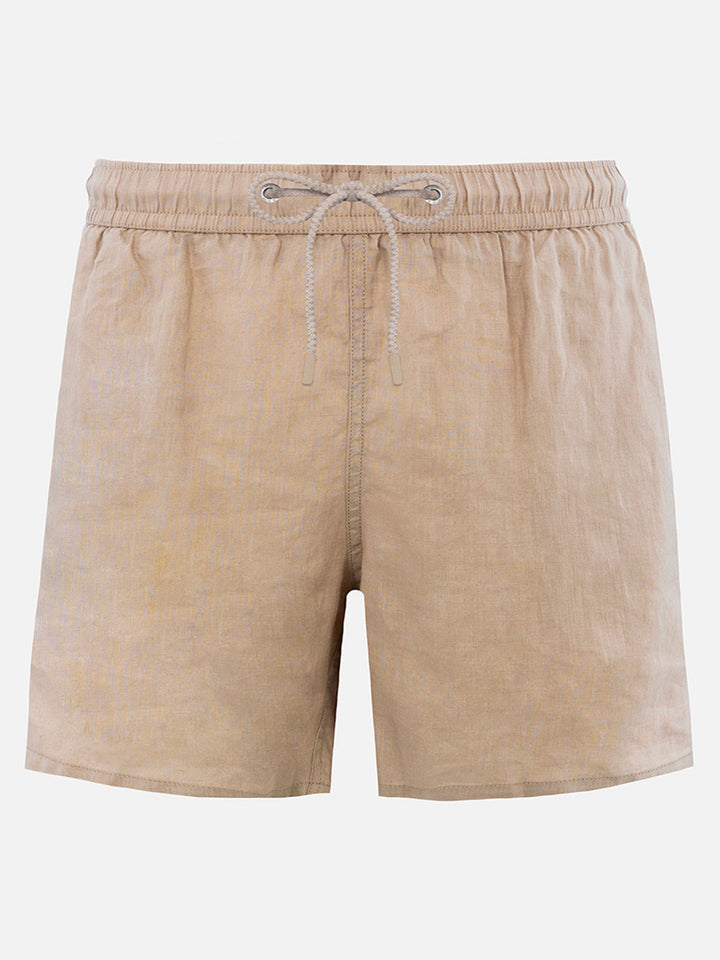 Man mid-length beige linen swim-shorts Gustavia