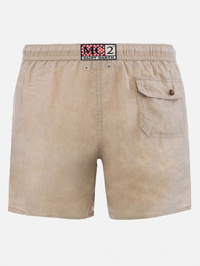 Man mid-length beige linen swim-shorts Gustavia