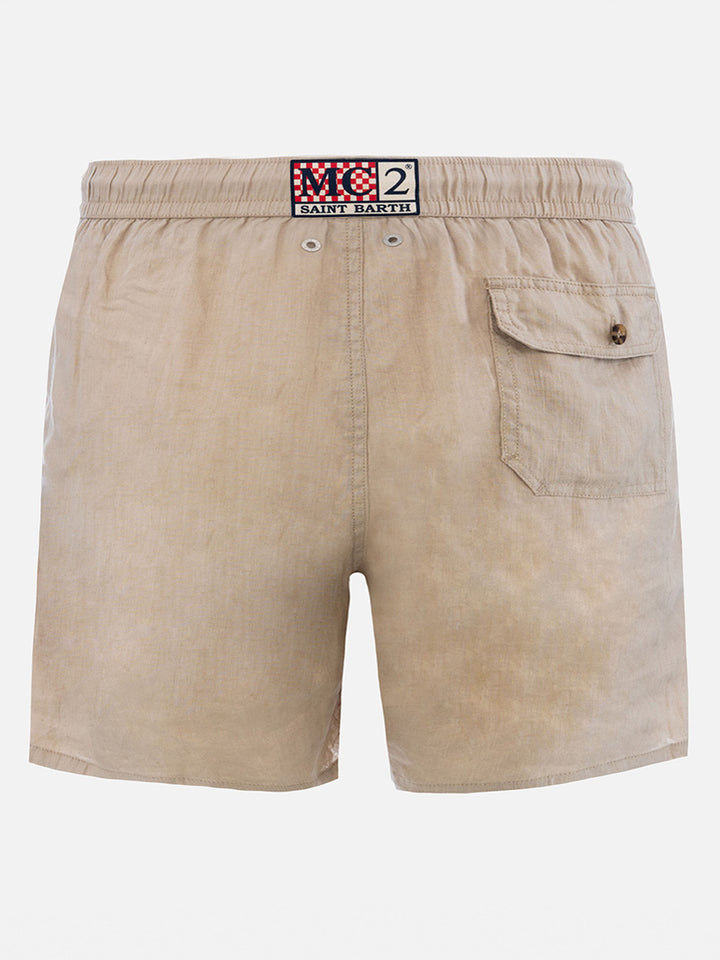 Man mid-length beige linen swim-shorts Gustavia