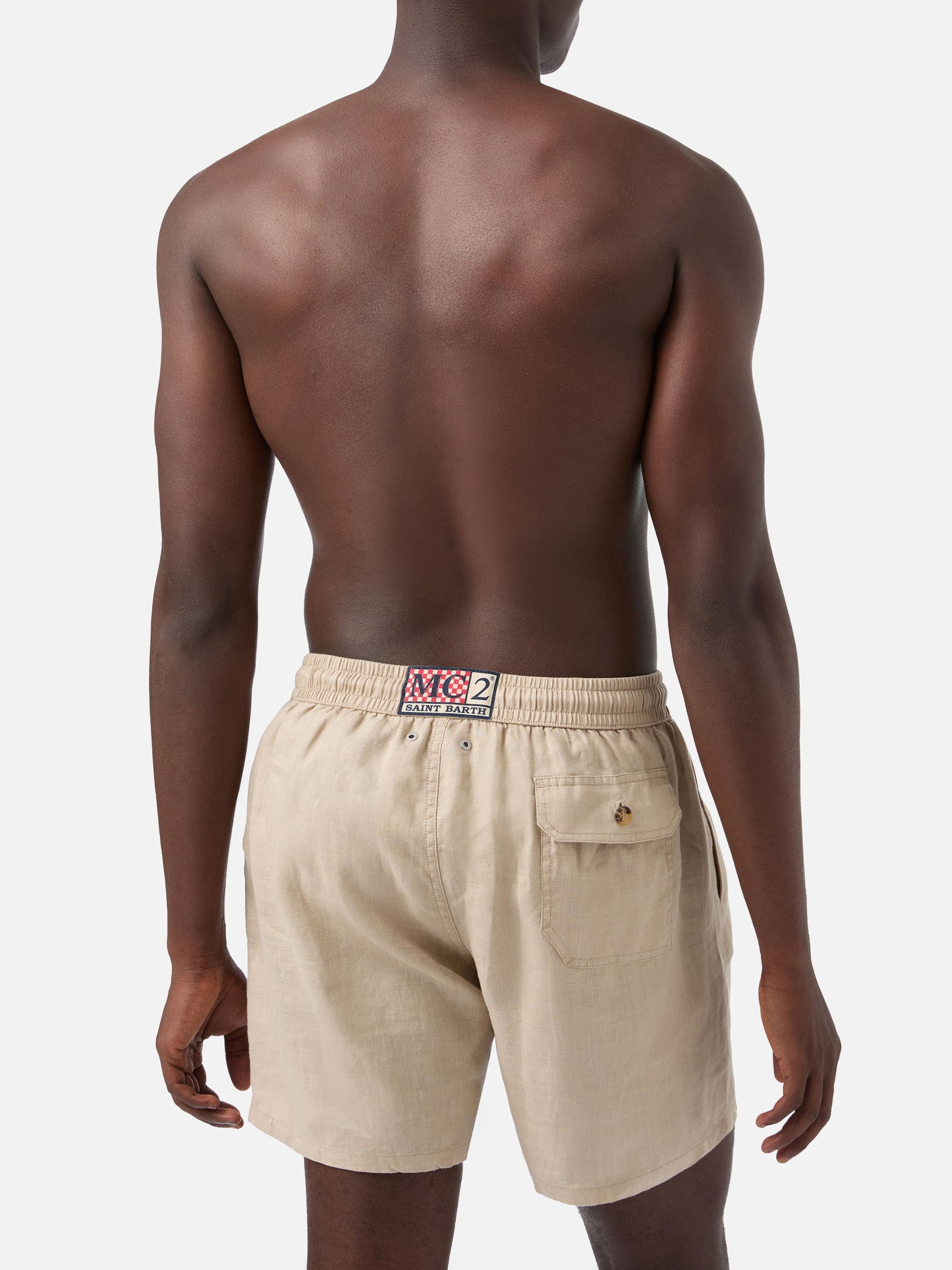 Gustavia beige plain-color linen swim shorts