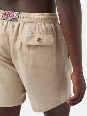 Gustavia beige plain-color linen swim shorts