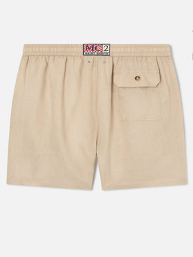 Gustavia beige plain-color linen swim shorts