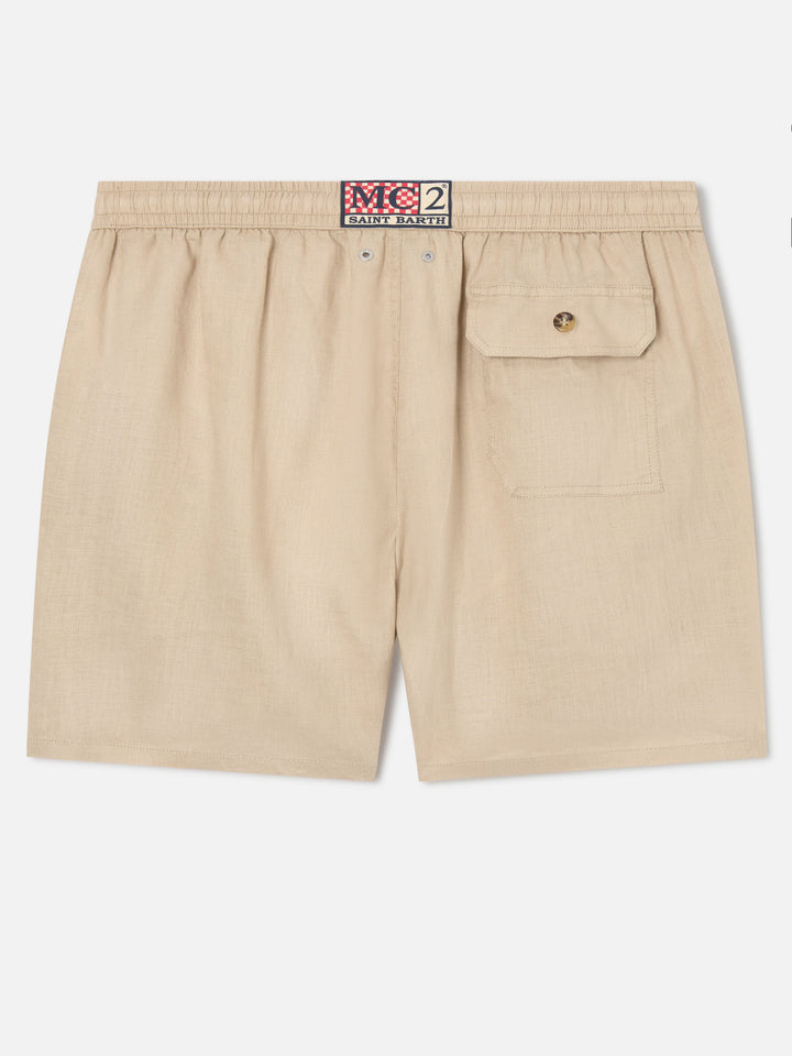 Gustavia beige plain-color linen swim shorts