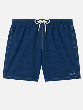 Mittellange Herren-Badeshorts aus Denim in Blau aus Leinen Gustavia