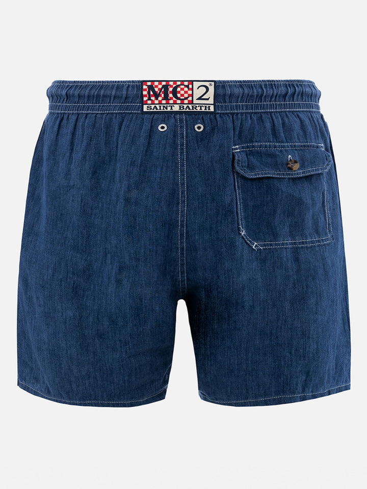 Man mid-length denim blue linen swim-shorts Gustavia