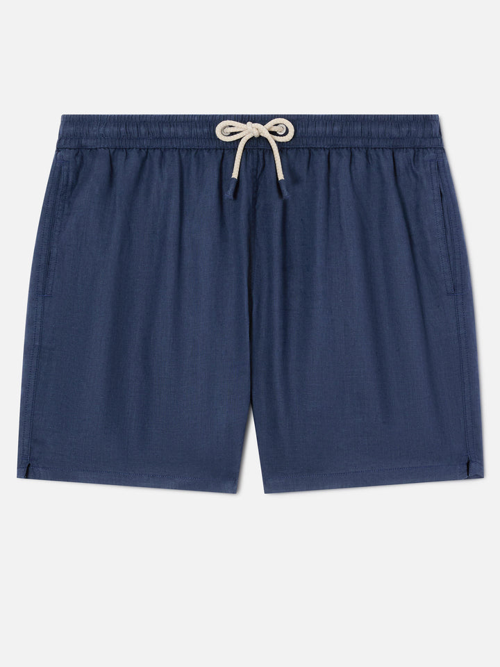 Gustavia blue plain-color linen swim shorts
