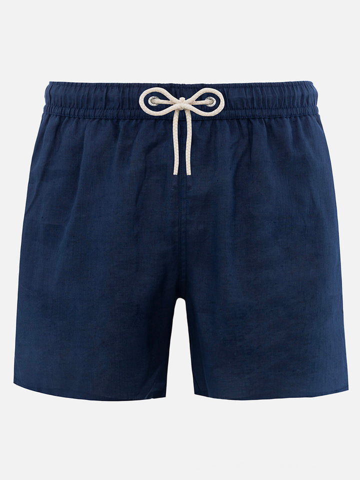 Mittellange marineblaue Leinen-Badeshorts Gustavia