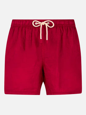 Badeshorts aus bordeauxrotem Leinen für Herren