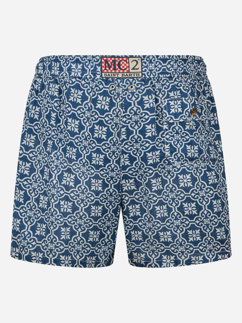 Man mid-length linen swim-shorts Gustavia with majolica print