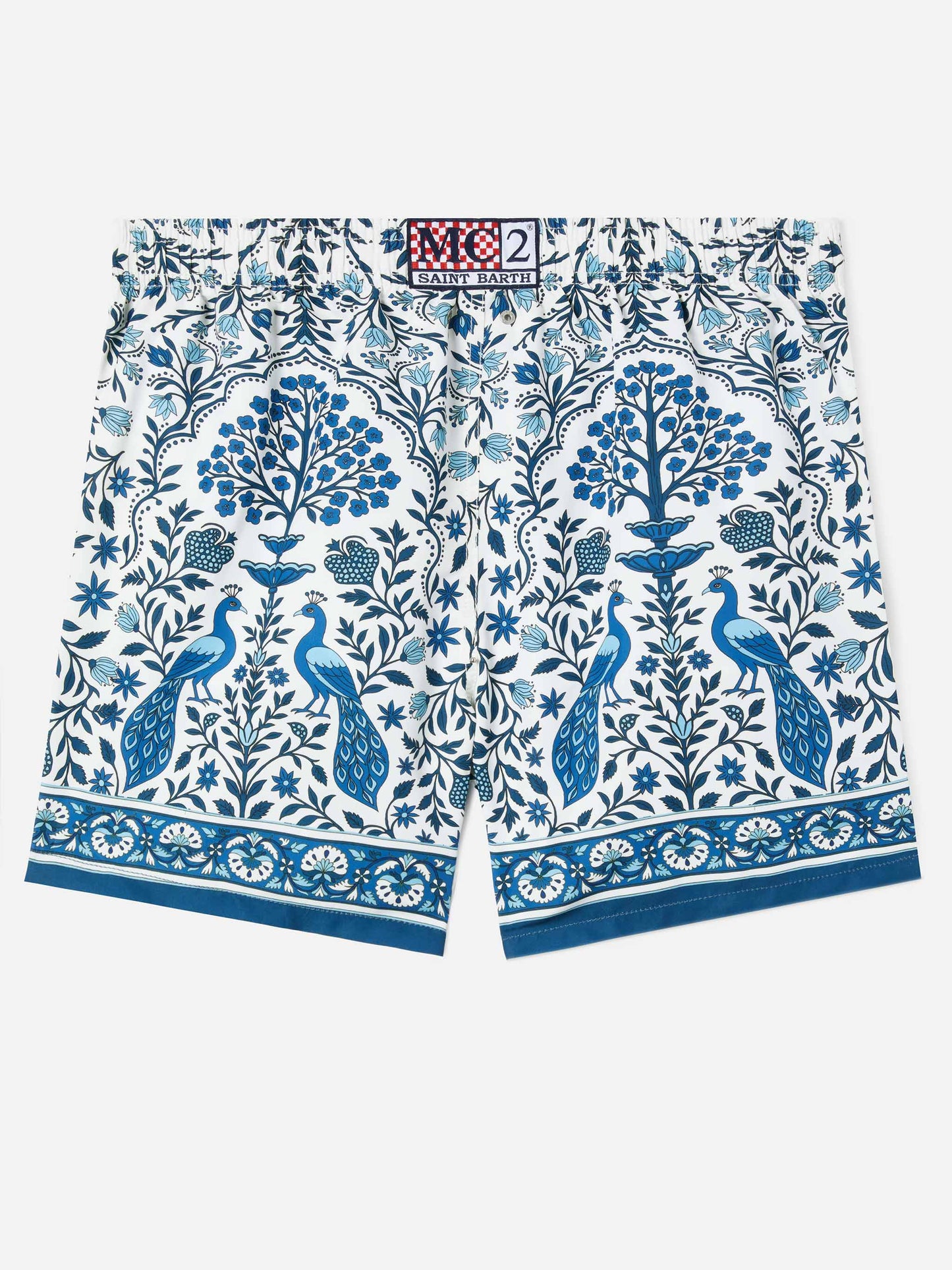 Gustavia white swim shorts with contrasting peacock print