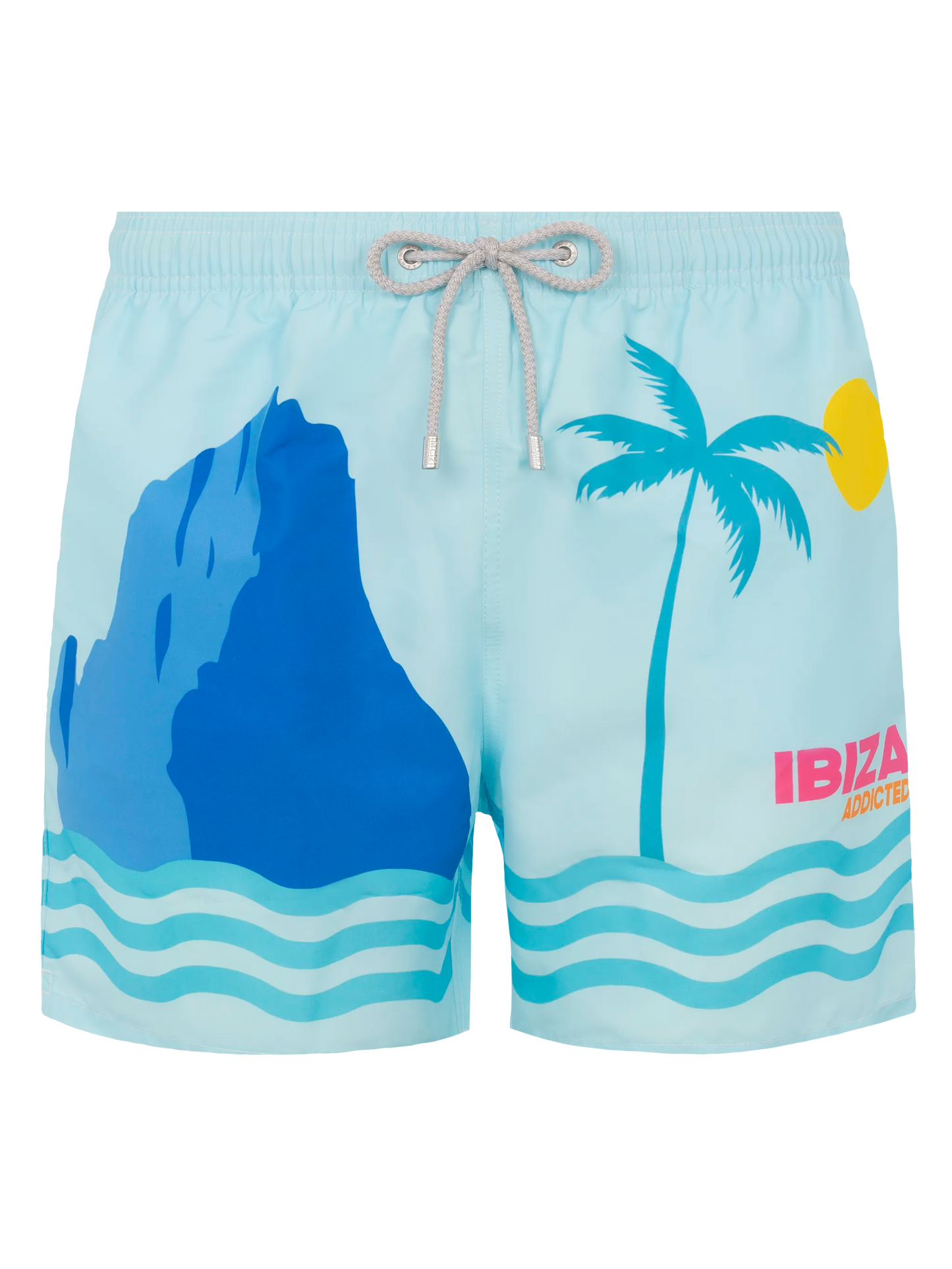 Mittellange Badeshorts Gustavia mit platziertem Ibiza-Postkartendruck