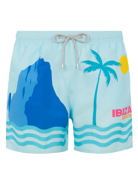 Mittellange Badeshorts Gustavia mit platziertem Ibiza-Postkartendruck