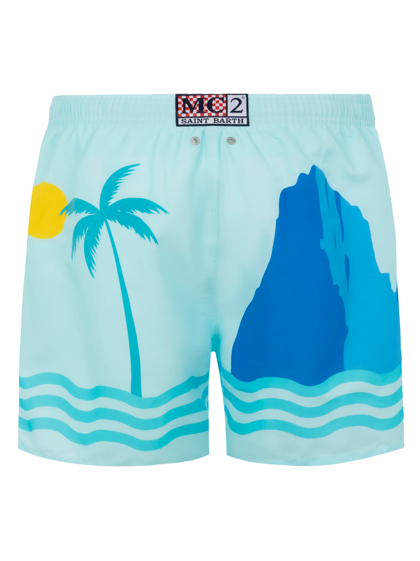 Mittellange Badeshorts Gustavia mit platziertem Ibiza-Postkartendruck