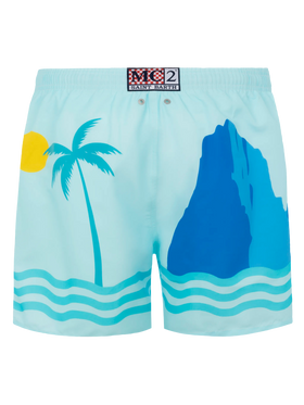 Mittellange Badeshorts Gustavia mit platziertem Ibiza-Postkartendruck