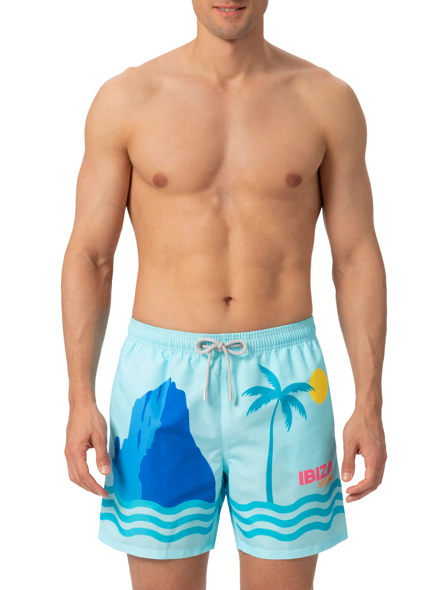 Mittellange Badeshorts Gustavia mit platziertem Ibiza-Postkartendruck