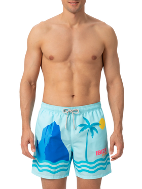 Mittellange Badeshorts Gustavia mit platziertem Ibiza-Postkartendruck