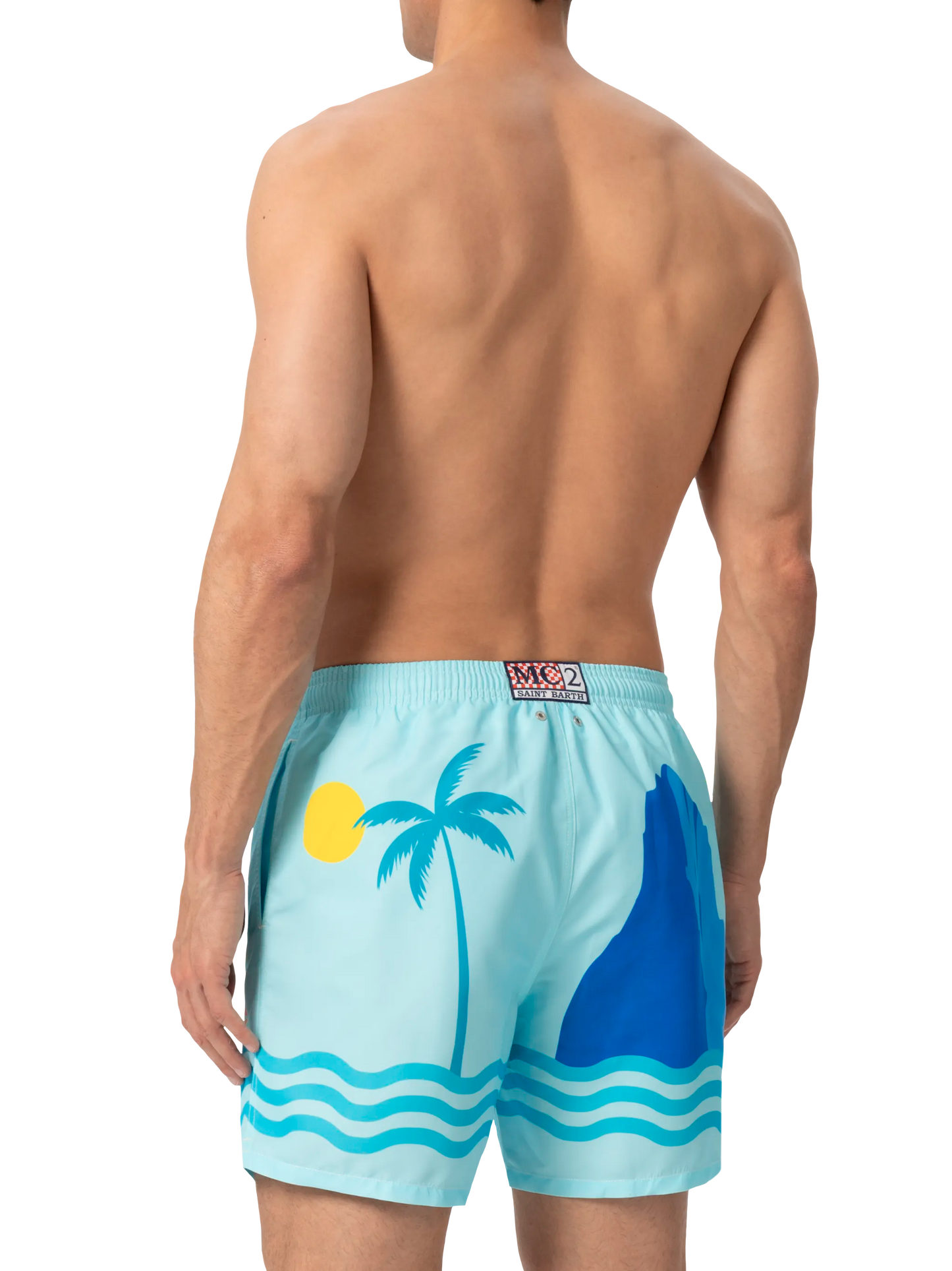 Mittellange Badeshorts Gustavia mit platziertem Ibiza-Postkartendruck