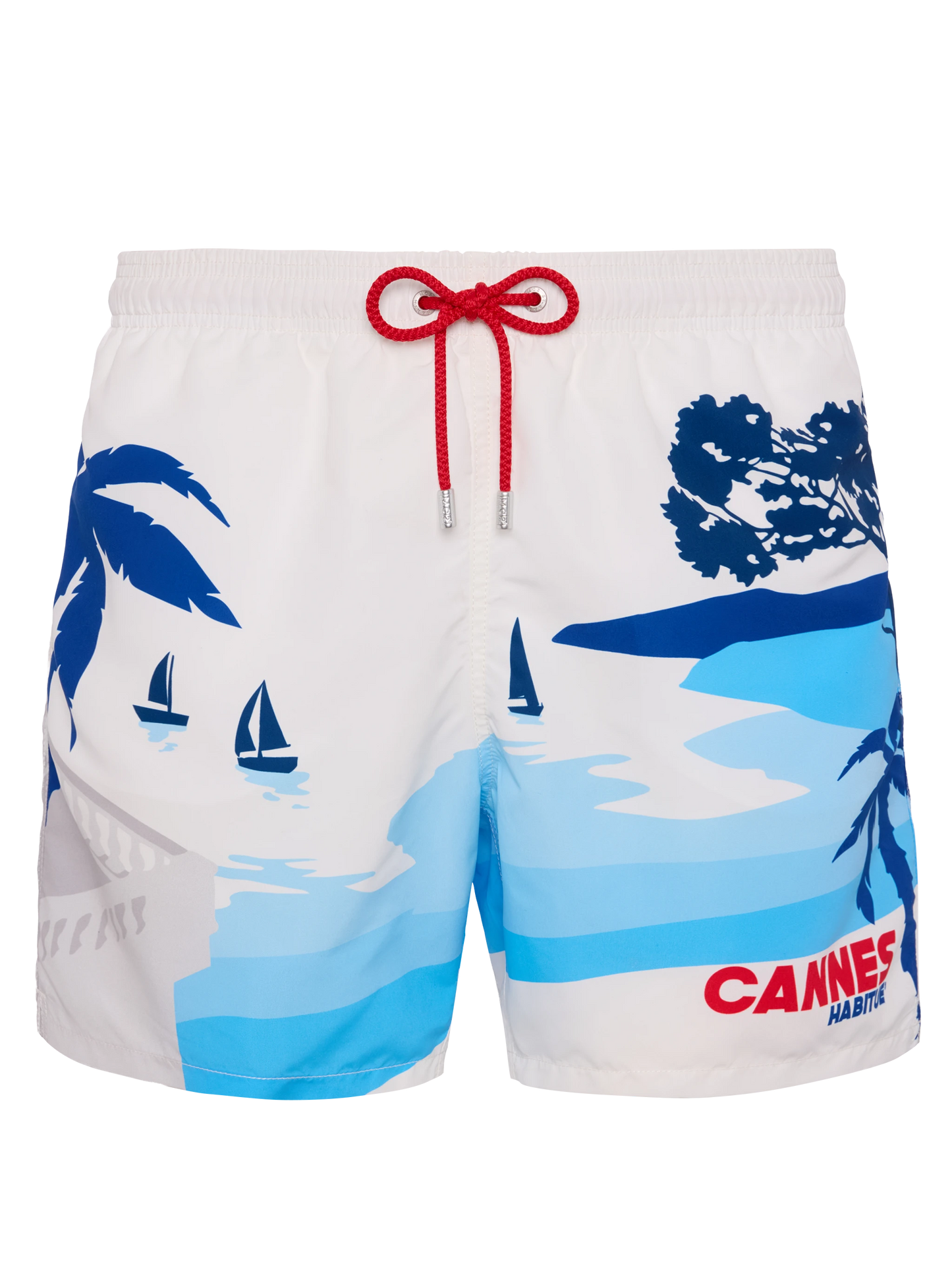 Mid-length Gustavia swim-shorts with Cannes postcard placed print