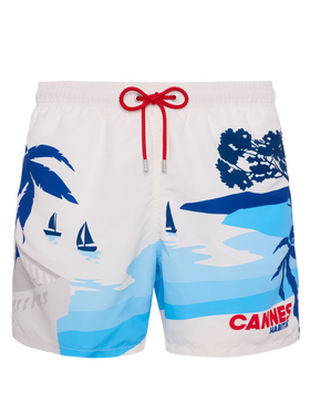 Mid-length Gustavia swim-shorts with Cannes postcard placed print