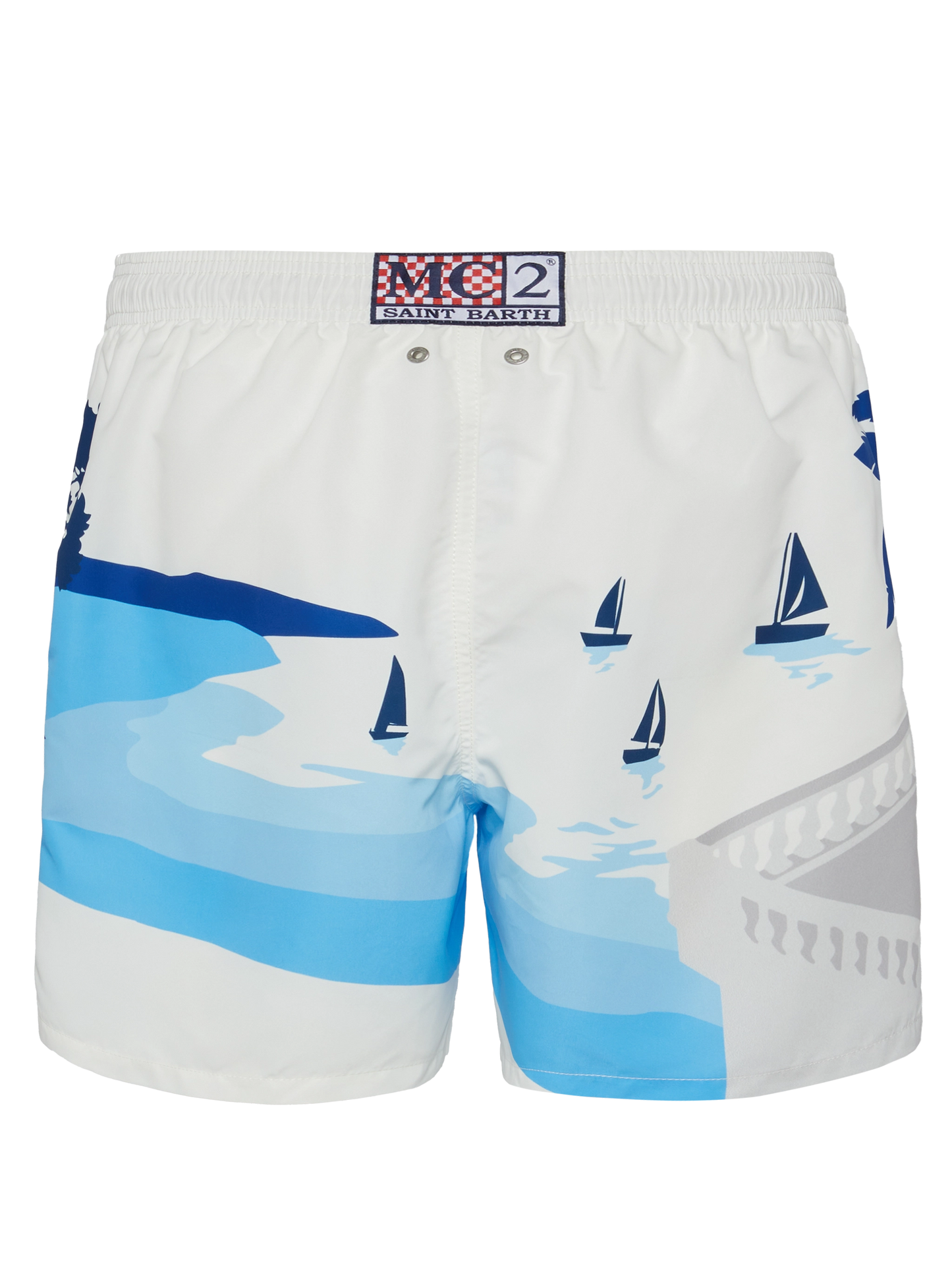 Mid-length Gustavia swim-shorts with Cannes postcard placed print