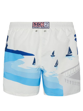 Mid-length Gustavia swim-shorts with Cannes postcard placed print