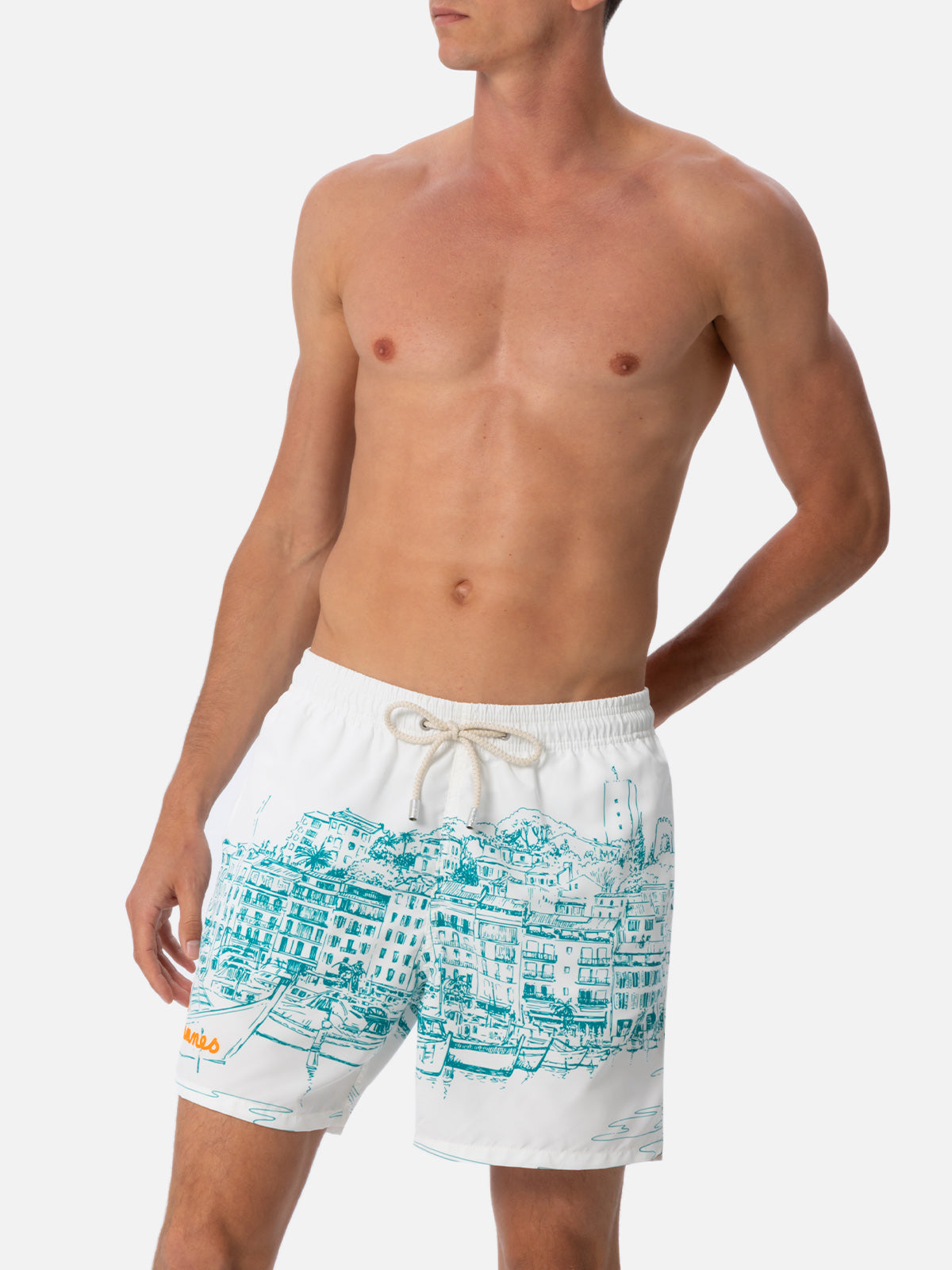 Mid-length Gustavia swim-shorts with Cannes placed print