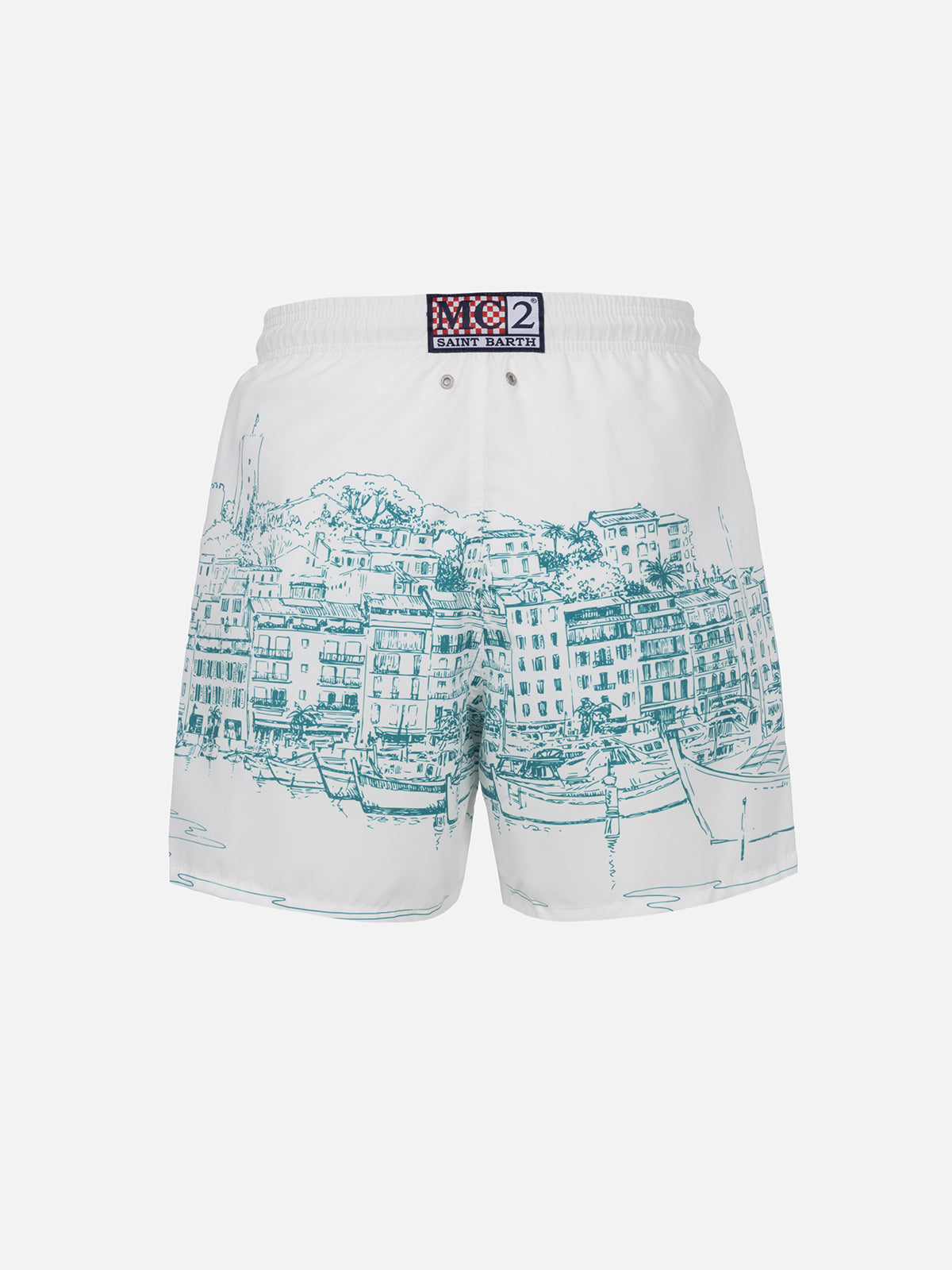 Mid-length Gustavia swim-shorts with Cannes placed print