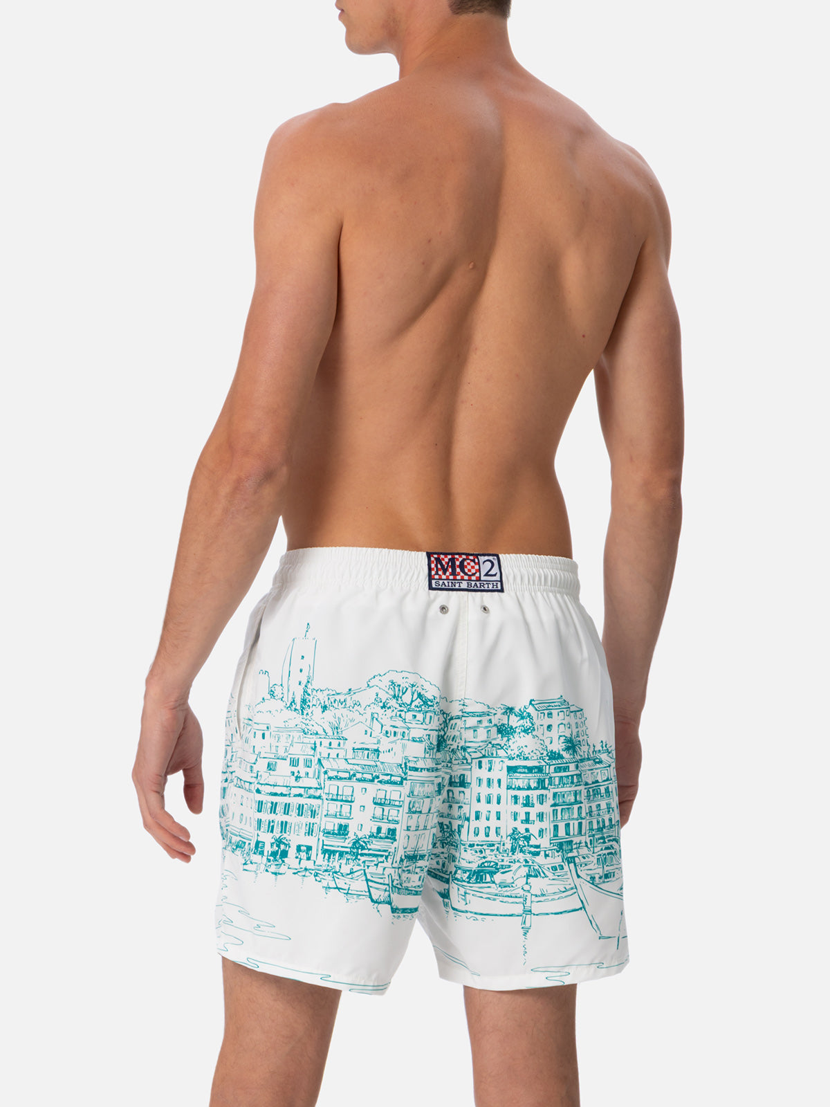 Mid-length Gustavia swim-shorts with Cannes placed print