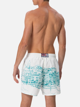 Mid-length Gustavia swim-shorts with Cannes placed print