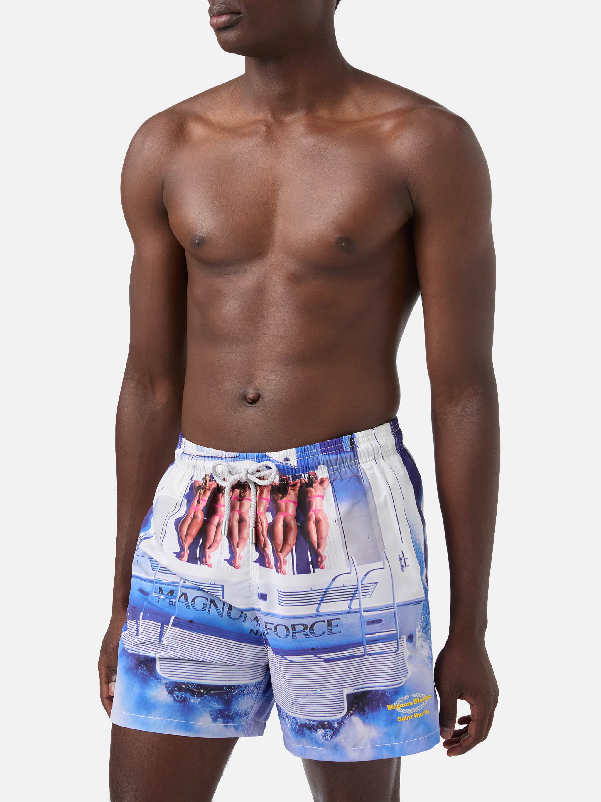 Man Gustavia Mid-Length Swim Shorts | Girls on Boat Placed Print
