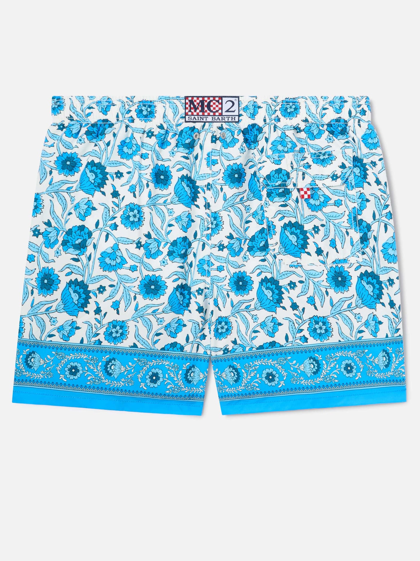 Gustavia-Badehose mit blauem Batik-Blumenprint 