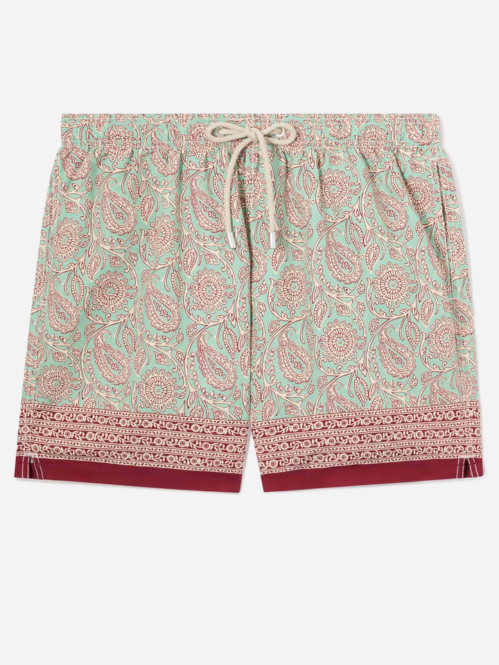 Short de bain Gustavia vert aqua avec imprimé paisley contrastant 