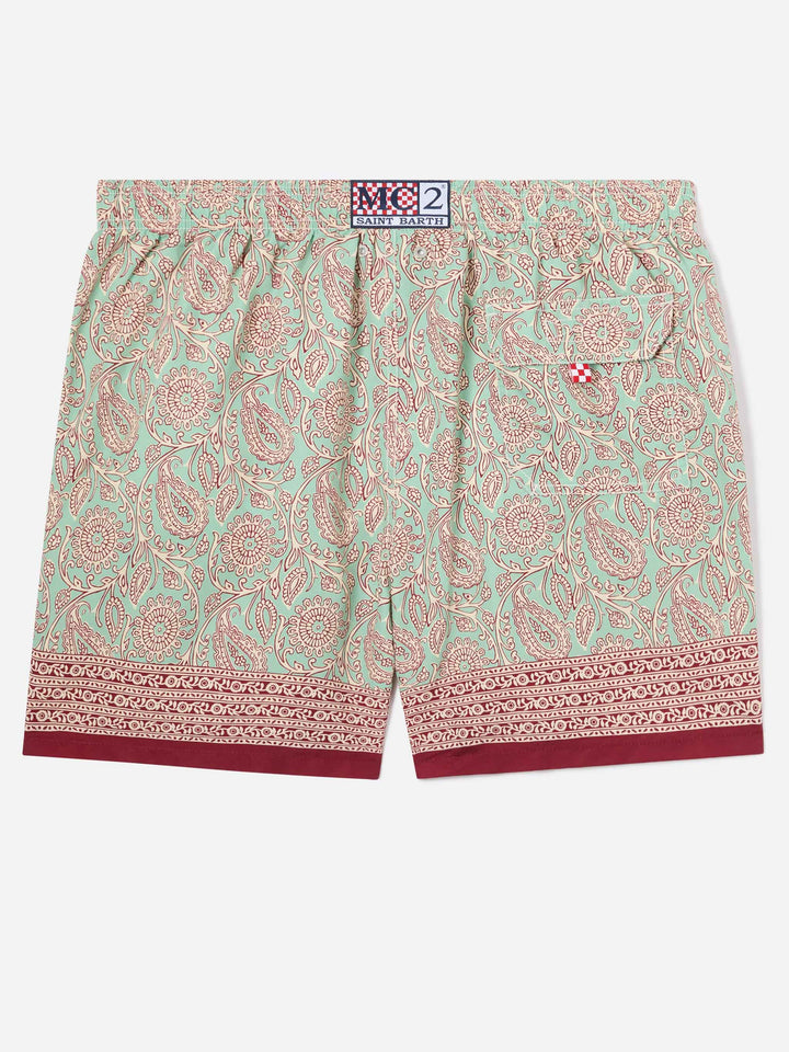 Short de bain Gustavia vert aqua avec imprimé paisley contrastant 