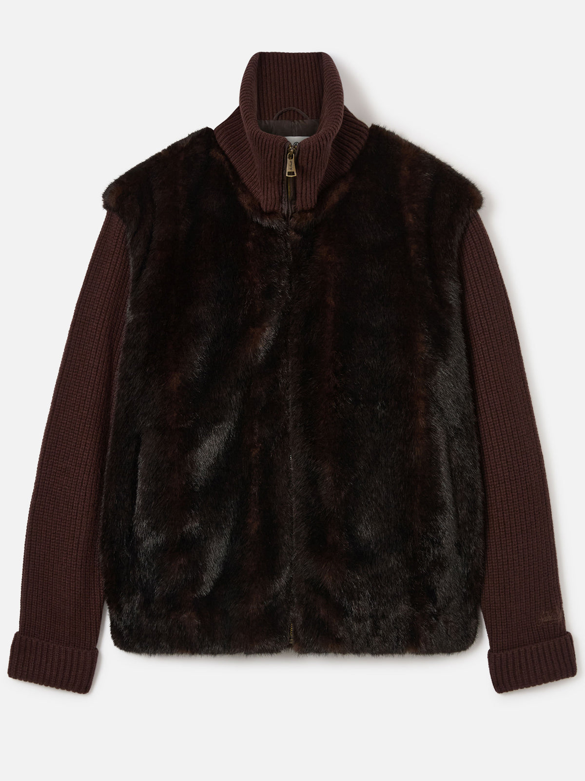 Chaqueta de pelo sintético marrón gris con mangas de punto de canalé 