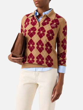 Hadidy wool and cashmere blend polo collar knit with argyle pattern and hearts