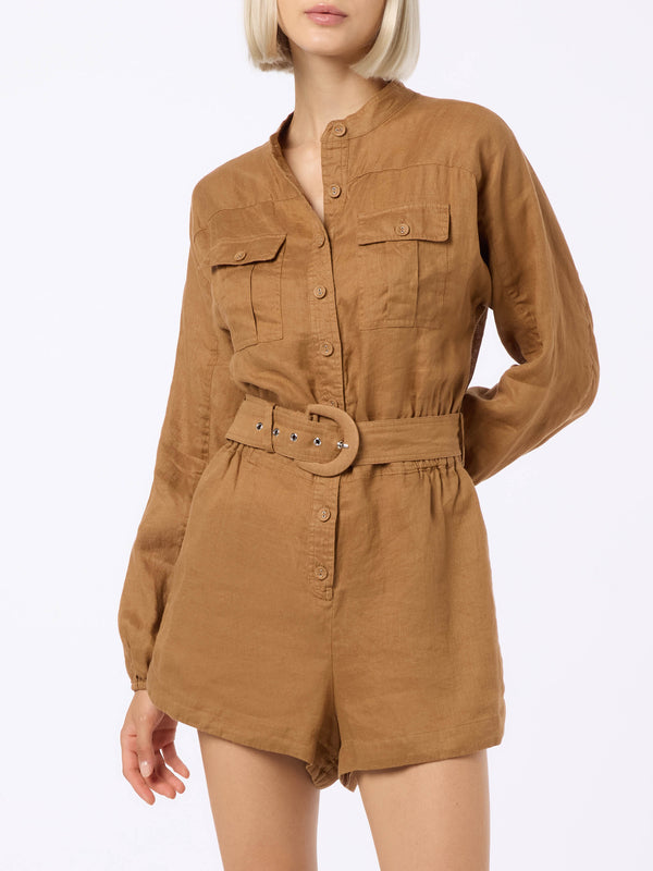 Kamelfarbener Playsuit aus Leinen für Damen Hanniel