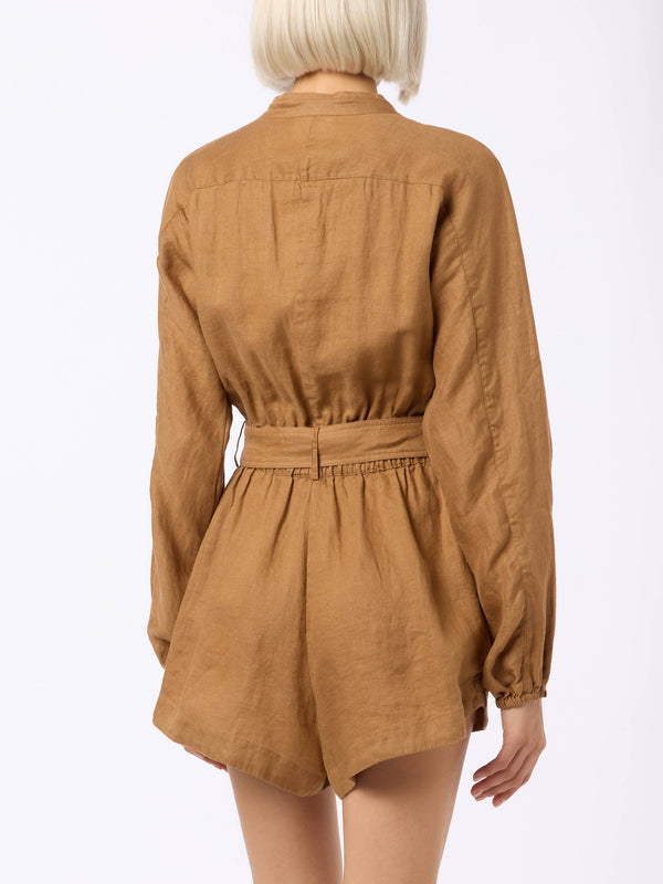 Woman camel linen playsuit Hanniel