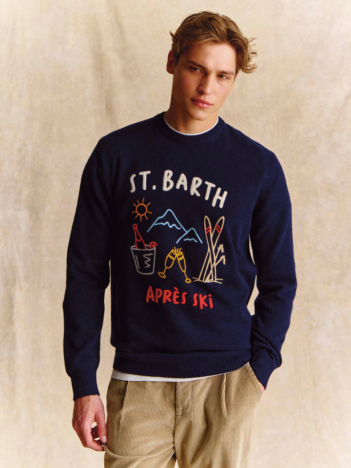 Jersey de punto con cuello redondo Heron Navy blue con intarsia y bordado Après Ski 