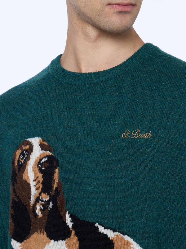 Man green sweater Heron with basset hound print