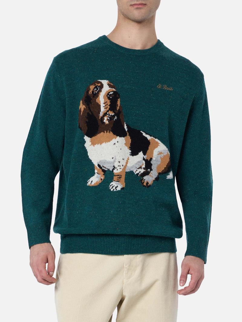 Man green sweater Heron with basset hound print