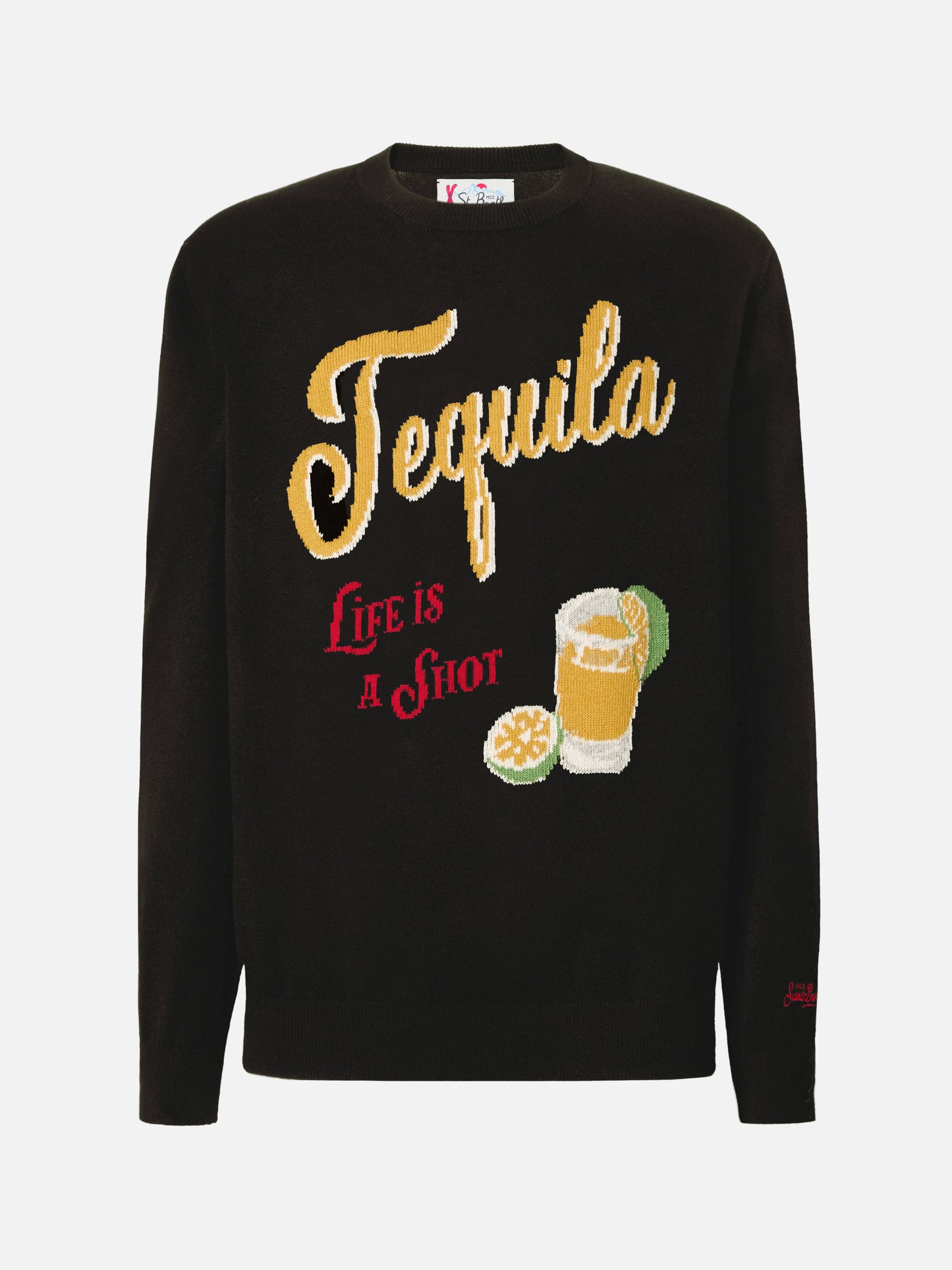 Black crewneck Heron with Tequila life is a shot jacquard