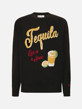Black crewneck Heron with Tequila life is a shot jacquard