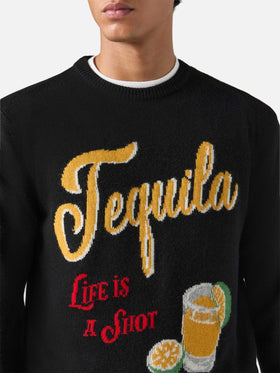 Schwarzer Heron-Pullover mit Rundhalsausschnitt und dem Jacquardmuster „Tequila life is a shot“